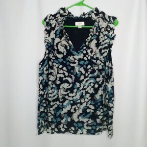 Loft Abstract V-neck Sleeveless Silk Blend Blouse Ruffle Lghtwt Lined Womens Lrg